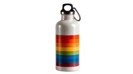 Reusable steel water bottle with colorful rainbow stripes isolated on white background,highlighting eco-friendliness and helping to maintain body hydration for healthy lifestyle, plastic free life