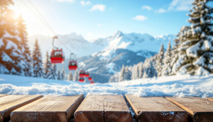 Red ski cable cars above snowy alpine forest with wooden platform foreground and sunlight, perfect for winter travel background or tourism banner design