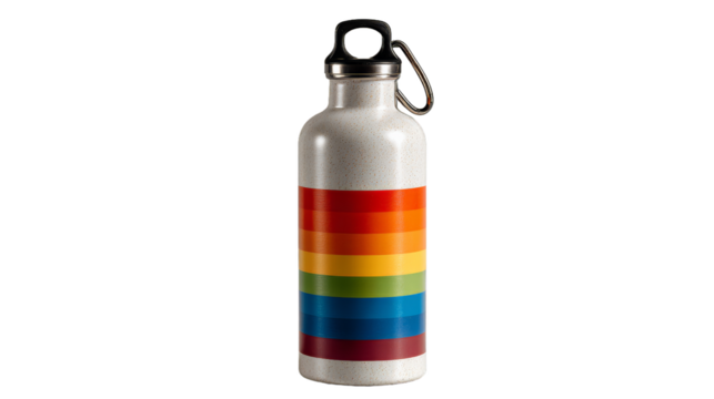 Reusable steel water bottle with colorful rainbow stripes isolated on white background,highlighting eco-friendliness and helping to maintain body hydration for healthy lifestyle, plastic free life