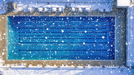 Empty swimming pool covered in snow. Aerial view