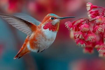 Fototapeta premium tiny bird feeding on bright hibiscus flower. Generative AI