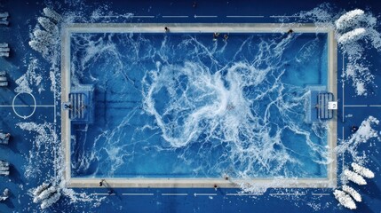 Aerial view of a vibrant, splashing swimming pool, designed like a sports field, with people enjoying the water