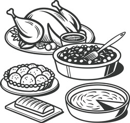 Holiday dinner line art vector of roasted turkey, pies, bread, and sides