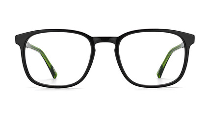Stylish modern black rectangular eyeglasses with subtle bright green temples, isolated on a white background.