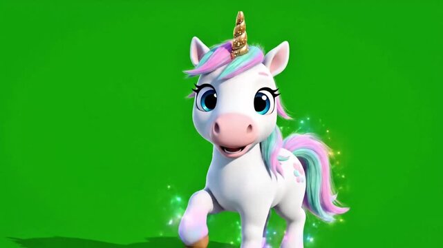 Cute unicorn cartoon with colorful mane on green screen background
