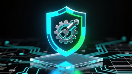 A glowing shield with robotic arm and gear symbol on neon tech background, showing automation and advanced process control innovation