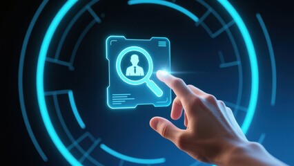 A hand interacting with holographic person search icon on dark neon interface, representing hiring and advanced process control digital search