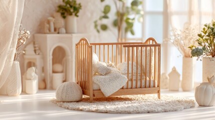 A dollhouse-style crib in a sunlit, neutral room