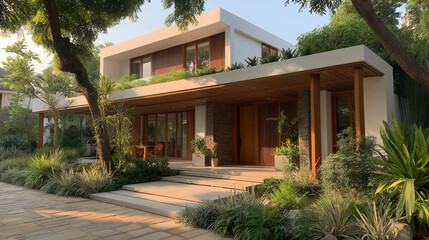 Fototapeta premium Modern Architectural Oasis: A contemporary house, defined by clean lines and expansive windows. The design embodies modern minimalism and harmonious integration with its natural surroundings. 