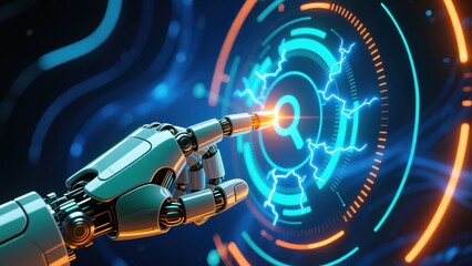 A robotic hand touching bright circular data icon on deep cyber background, symbolizing ai connection and advanced process control networks
