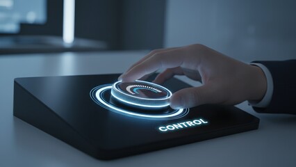 A hand adjusting glowing control dial on sleek interface, symbolizing high performance and advanced process control optimization