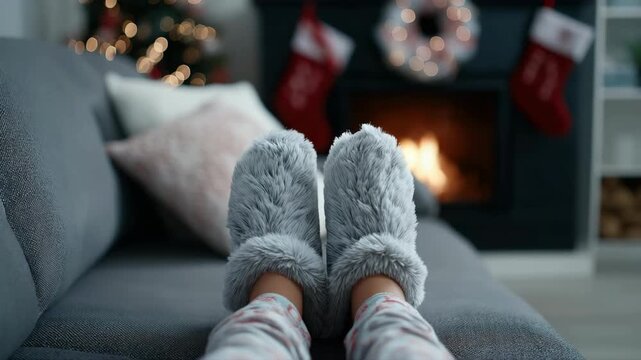 Cozy winter evening: relaxing by the fireplace with fuzzy slippers