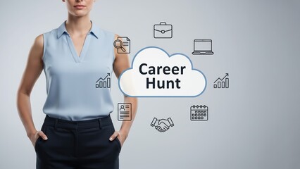 A woman beside cloud labeled career hunt with job icons, showing career growth tools and advanced process control support