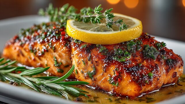 A beautifully plated grilled salmon fillet garnished with lemon and fresh herbs, perfect for culinary presentations and food photography.
