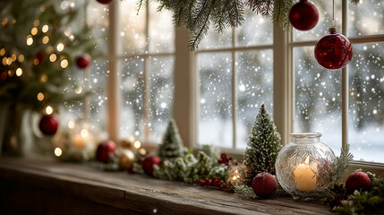 Christmas Window Wonderland: Festive decorations adorn a window frame, creating a magical winter scene with twinkling lights, snow-dusted branches, and warm candlelight.