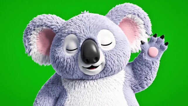 Cute koala cartoon waving on green screen background
