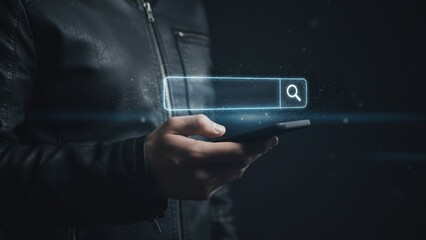 A hand holding a smartphone with glowing smart query search bar in dark scene, showing digital search and advanced process control interaction