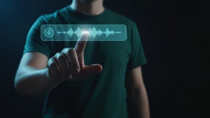 A hand reaching to glowing voice command bar with soundwave icon, showing intuitive control and advanced process control interface
