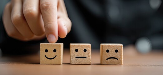 Hand placing a happy face emoji wooden block on a table