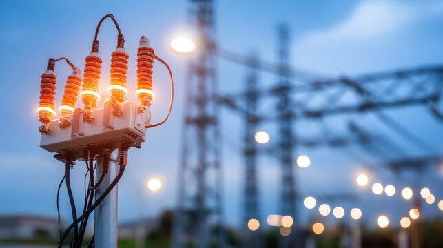 Close-up of electrical equipment with glowing insulators, showcasing the power and technology of the energy sector at dusk.