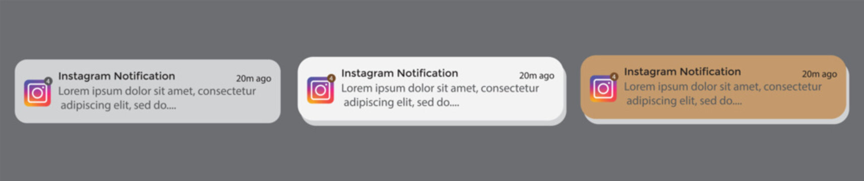iOS Instagram notification mockup. Instagram iOS notification UI mockup template with new message alert design for mobile iOS interface layout
