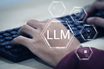 Futuristic concept of artificial intelligence and large language models (LLM) with glowing AI icons and human hand interface. Innovation in machine learning and digital transformation.