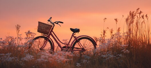 A vintage bicycle with a basket stands in a field of tall grass and wildflowers at sunset, evoking a sense of peaceful leisure.