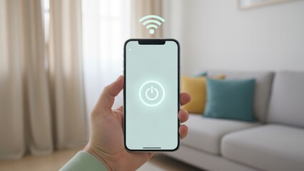 A hand holding a smartphone with soft smart home icons in warm room, showing comfort tech and advanced process control control