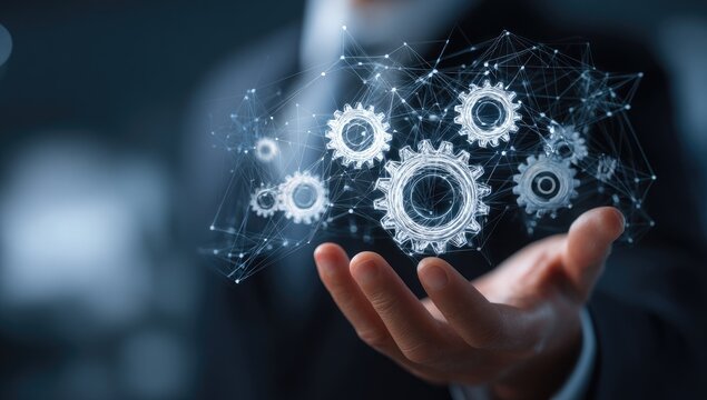 Hand holding digital gears, representing technology and innovation.