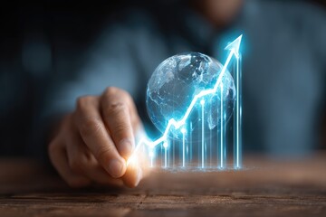 A hand touches a glowing globe with a rising graph superimposed, symbolizing global economic growth and success.