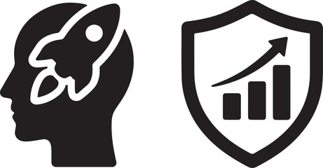 Entrepreneur mindset icon with head and rocket, symbolizing innovation, vision, and ambition.