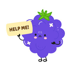 Blackberry cartoon character holding help me sign