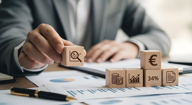 Businessman analyzing financial data with wooden blocks