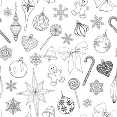 Line art Christmas Vintage seamless pattern with bells balls toys bow snowflakes candy gingerbread. Black white Hand drawn Vector background for design package, holiday, wrapping paper, decor new year
