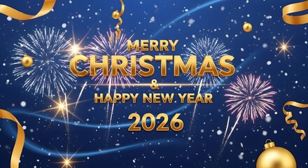 Fototapeta premium Merry christmas and happy new year 2026 with fireworks and ribbons