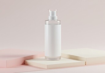 Chic transparent spray bottle with blank label for branding on geometric platforms against a soft pastel background modern beauty presentation