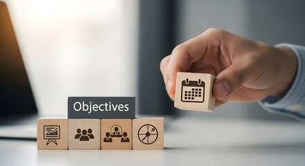 Obraz premium Business objective blocks with icons and hand