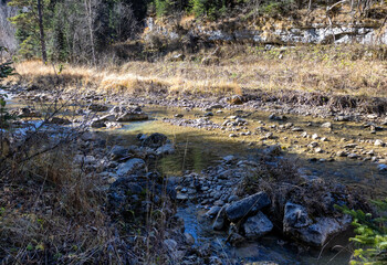 Autumn walks along the banks of a mountain river with clear, cool water in the morning hours with the rising sun