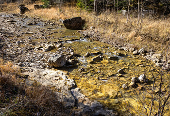 Autumn walks along the banks of a mountain river with clear, cool water in the morning hours with the rising sun