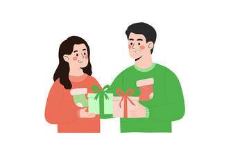 Obraz premium Couple exchanging Christmas gifts illustration