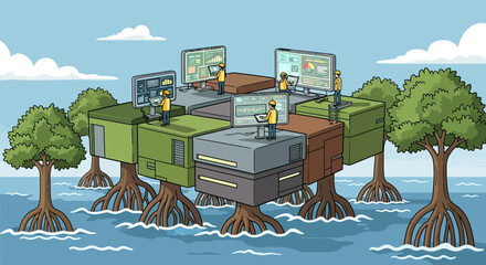 Futuristic eco friendly office complex built on mangrove tree roots.