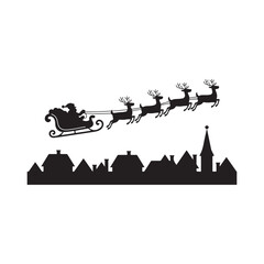 Fototapeta premium Black Santa with Reindeer Over City Skyline Silhouette.