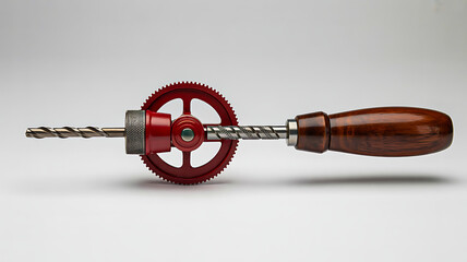 Vintage antique hand drill with wooden handle and distinctive red gear mechanism on a clean white background.