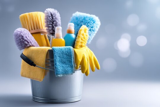 A bucket full of cleaning supplies including brushes, spray bottles, towels and gloves, ready for use in household cleaning tasks, on a soft neutral background.