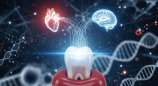 3D digital scene of a radiant tooth emitting pulsing energy lines connecting to glowing holographic projections of heart and brain,  - Powered by Adobe