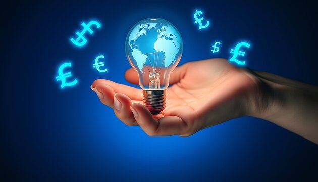 Hand holding a light bulb with a glowing earth inside surrounded by currency symbols globe - Powered by Adobe