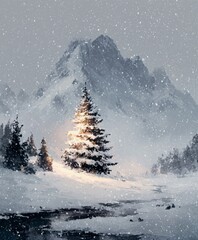 Magical winter mountain landscape with falling snow and a glowing Christmas tree lighting the frozen valley. Peaceful alpine scene full of serenity, holiday warmth, and seasonal enchantment.
