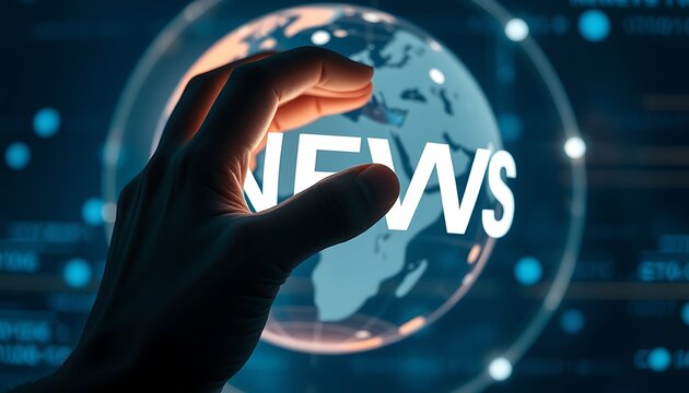 Hand touching the word NEWS on a glowing digital globe with a network background news world