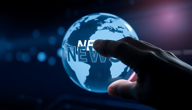 Finger pressing the word NEWS on a translucent digital globe with a dark network background news world - Powered by Adobe