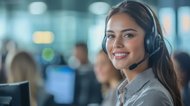 A smiling customer service representative with a headset in a busy office environment.